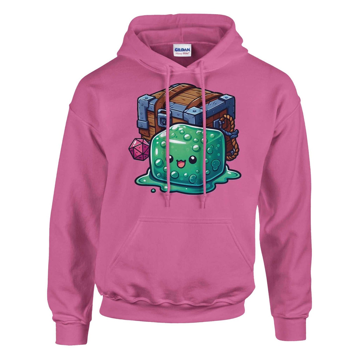 Gelatinous Cube and Mimic design on pink pullover hoodie.