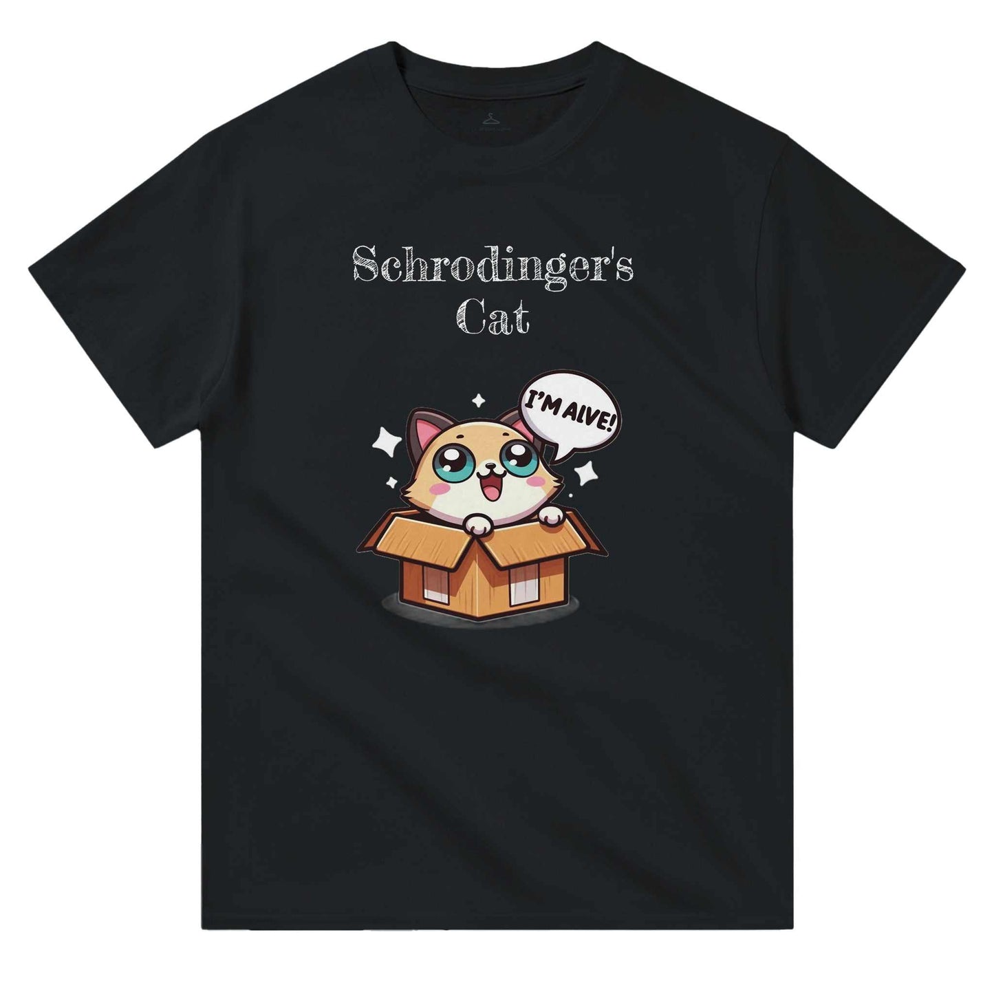 Schrodinger's Cat Crewneck T-shirt with humorous cartoon cat design in a box.