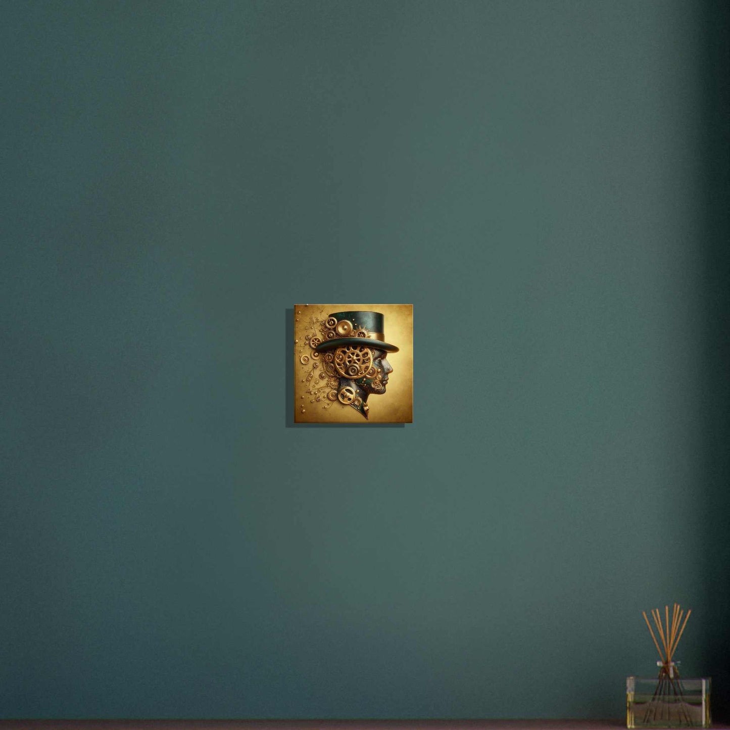 Clockwork Man Canvas print on textured wall, showcasing immersive art experience.