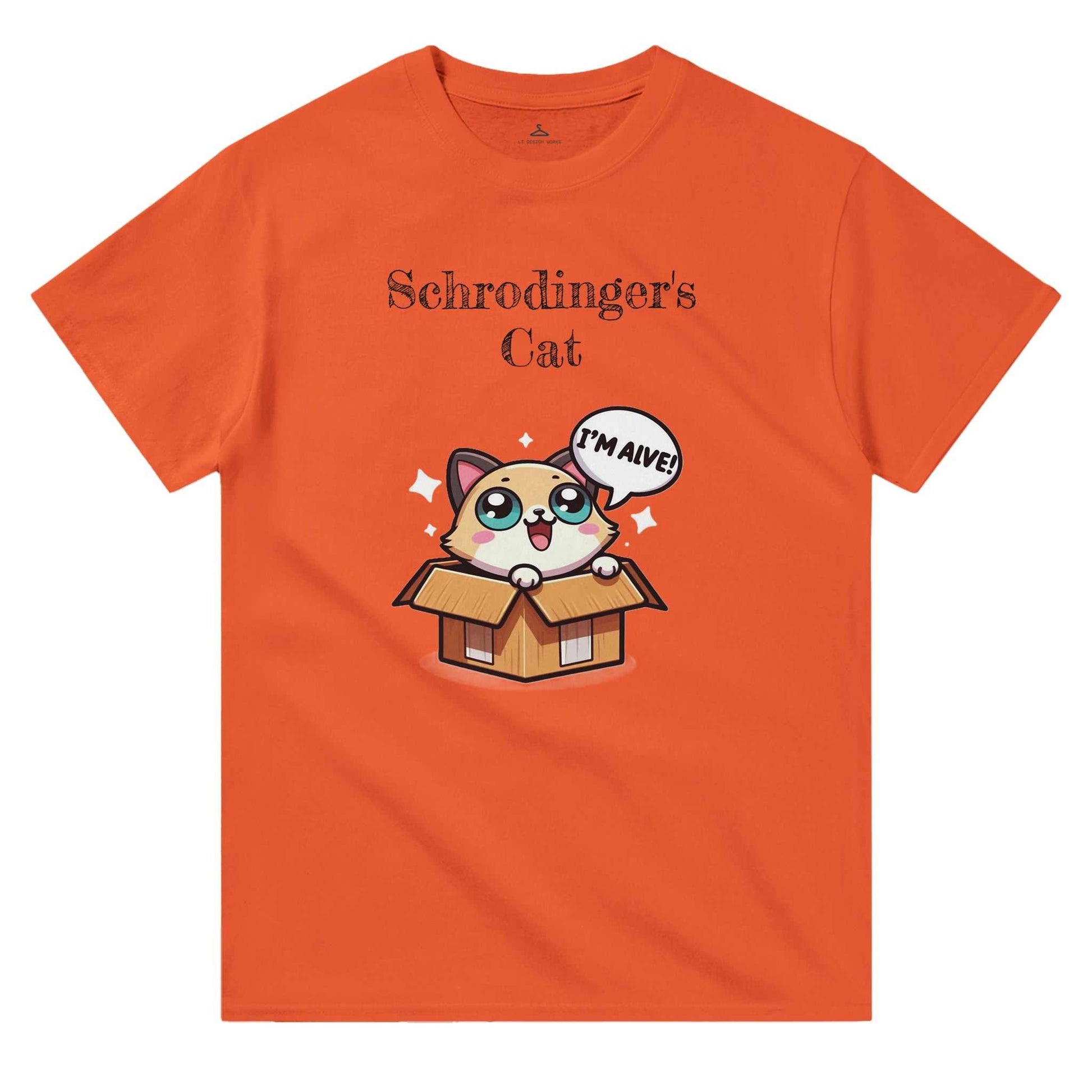 Orange crewneck t-shirt featuring a playful Schrödinger's cat graphic in a box.