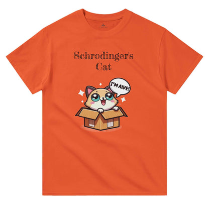 Orange crewneck t-shirt featuring a playful Schrödinger's cat graphic in a box.