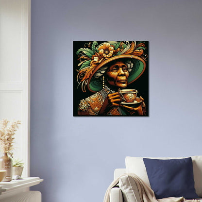 Tea time canvas print featuring an elegant figure sipping tea in a decorated hat, enhancing home decor.