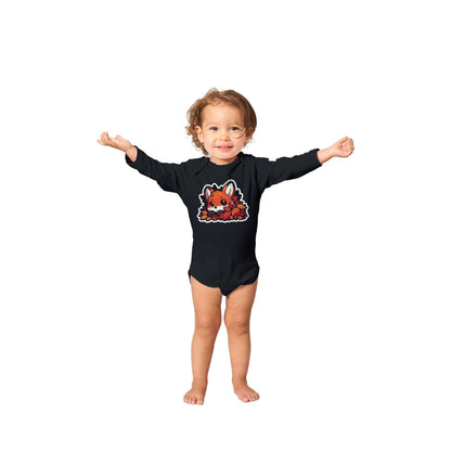 Toddler wearing black Fox Classic Baby Long Sleeve Bodysuit with a fox design.