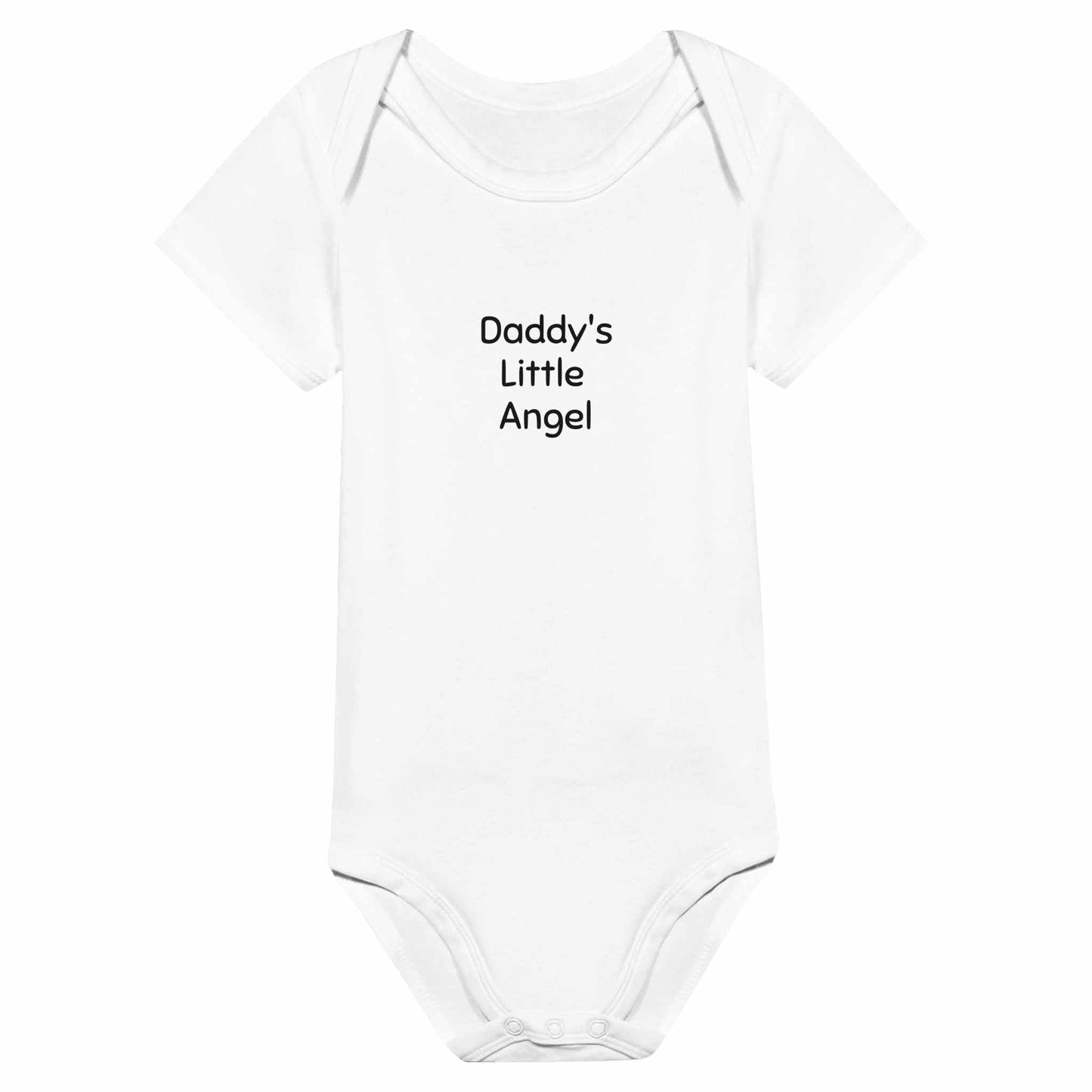 Angel Baby Short Sleeve Bodysuit with "Daddy's Little Angel" design in white cotton.