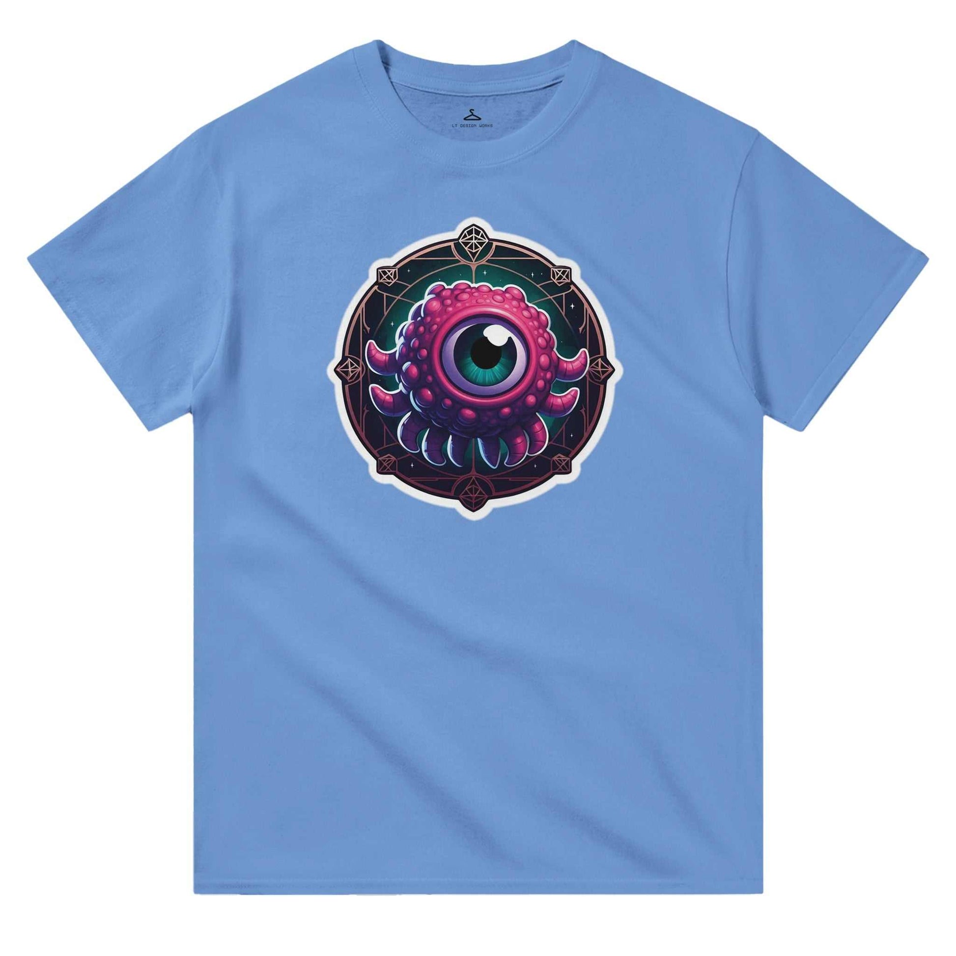 Blue heavyweight Beholder Men's Crewneck Tshirt with unique graphic design.