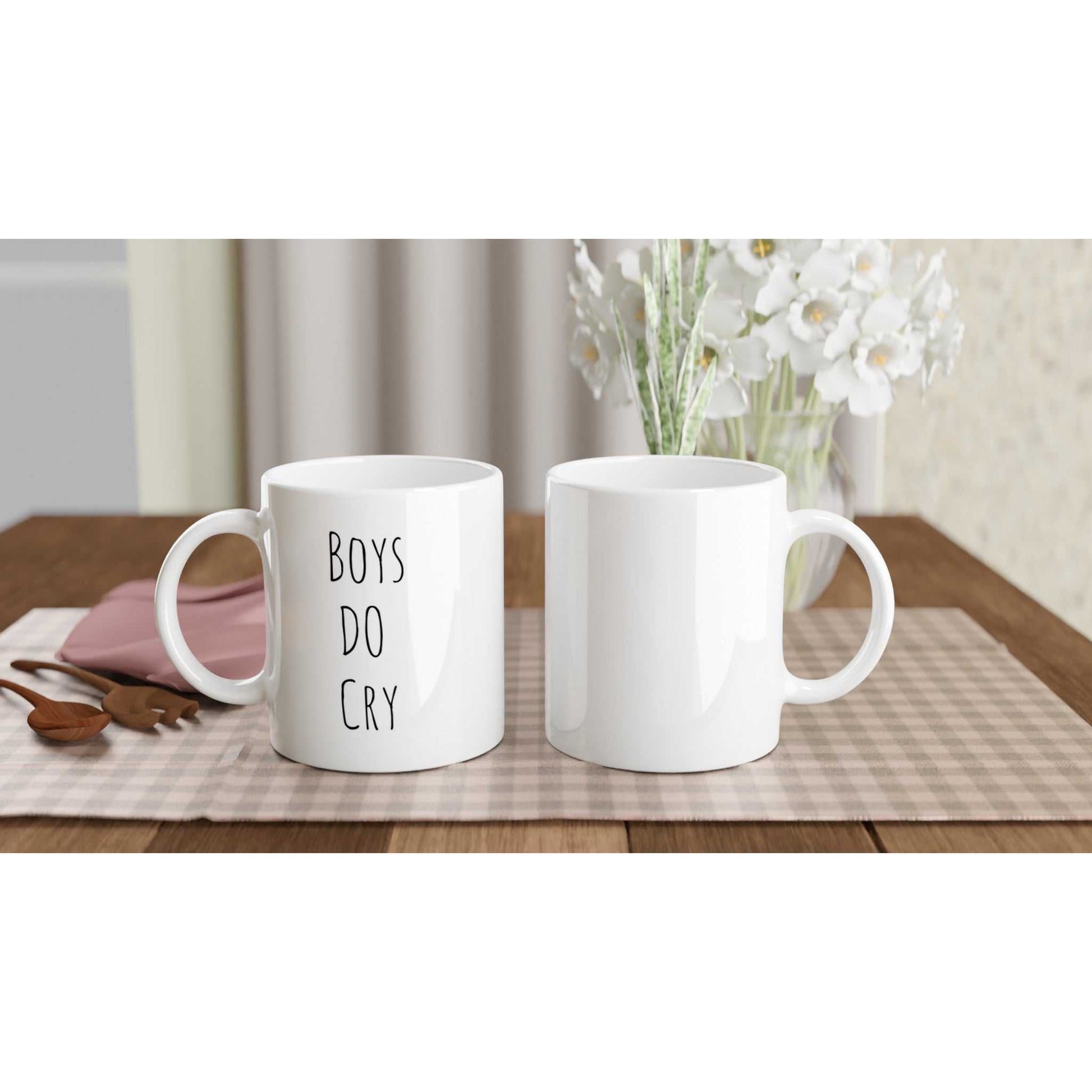 Boys Do Cry white 11oz ceramic mug, glossy finish, microwave and dishwasher safe.