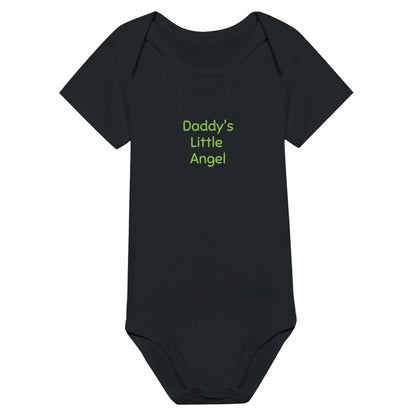 Black baby bodysuit with "Daddy's Little Angel" text in green, short sleeves, 100% cotton.