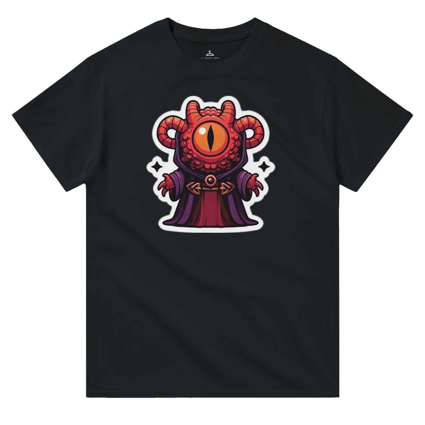 Mindflayer Men's Crewneck T-shirt with cartoon eye illustration on black cotton fabric.