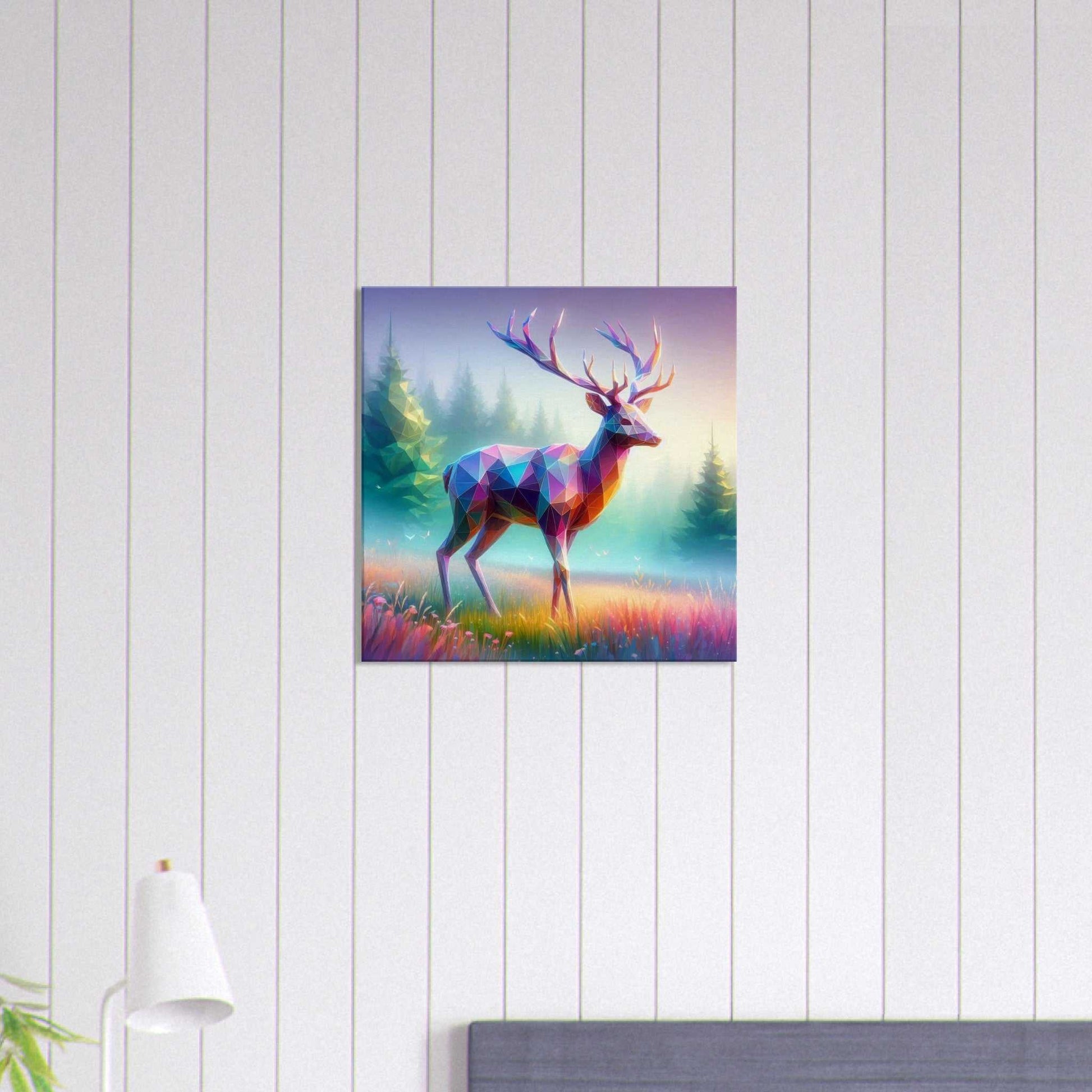 Stag canvas print on a wall, featuring vivid colors and a geometric design of a stag amidst a forest landscape.