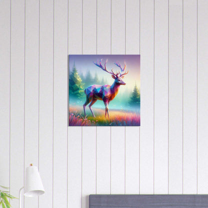 Stag canvas print on a wall, featuring vivid colors and a geometric design of a stag amidst a forest landscape.