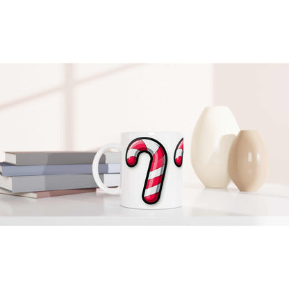 Candy Cane 11oz ceramic mug with vibrant design, showcased on a table.