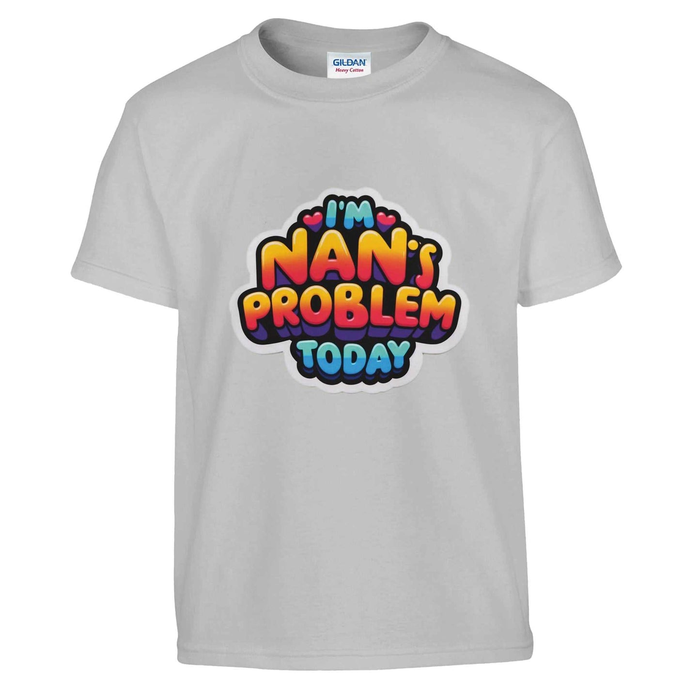 "I'm Nan's Problem Today" kids crewneck t-shirt, unisex design, soft and durable fabric, variety of colors.