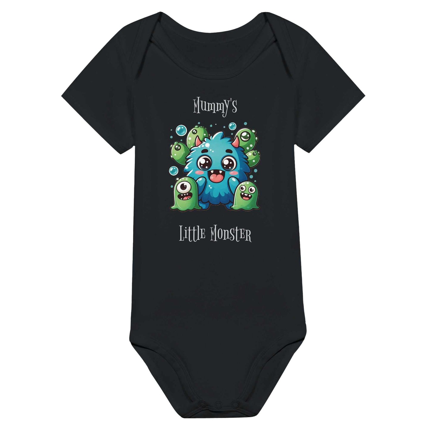 Mummy's Little Monster Classic Baby Short Sleeve Bodysuit in black with fun monster design.