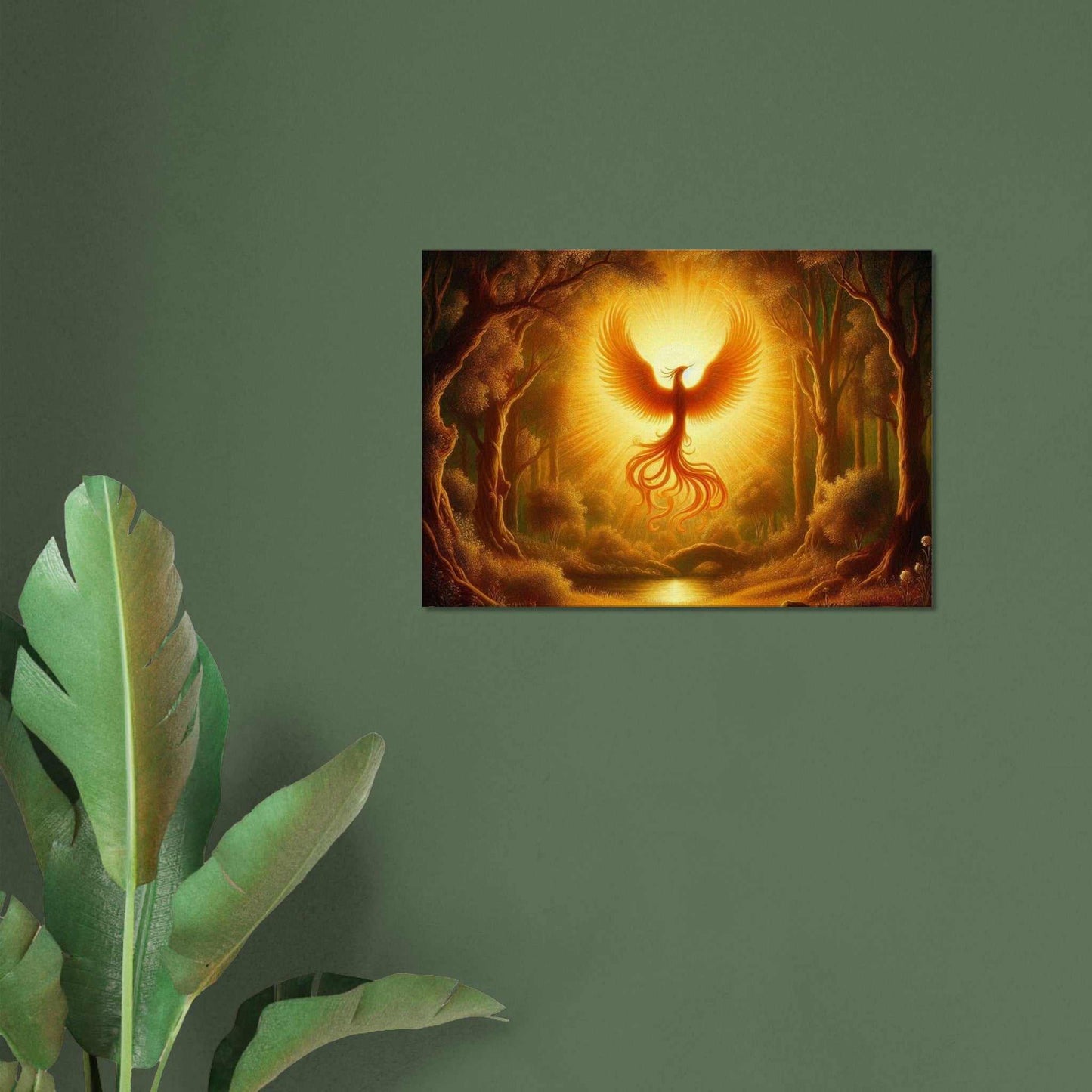 Phoenix Birth Canvas on wall, highlighting vibrant textures and colors.