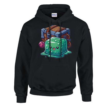 Gelatinous Cube and Mimic design men's pullover hoodie with drawstring hood and front pouch pocket.