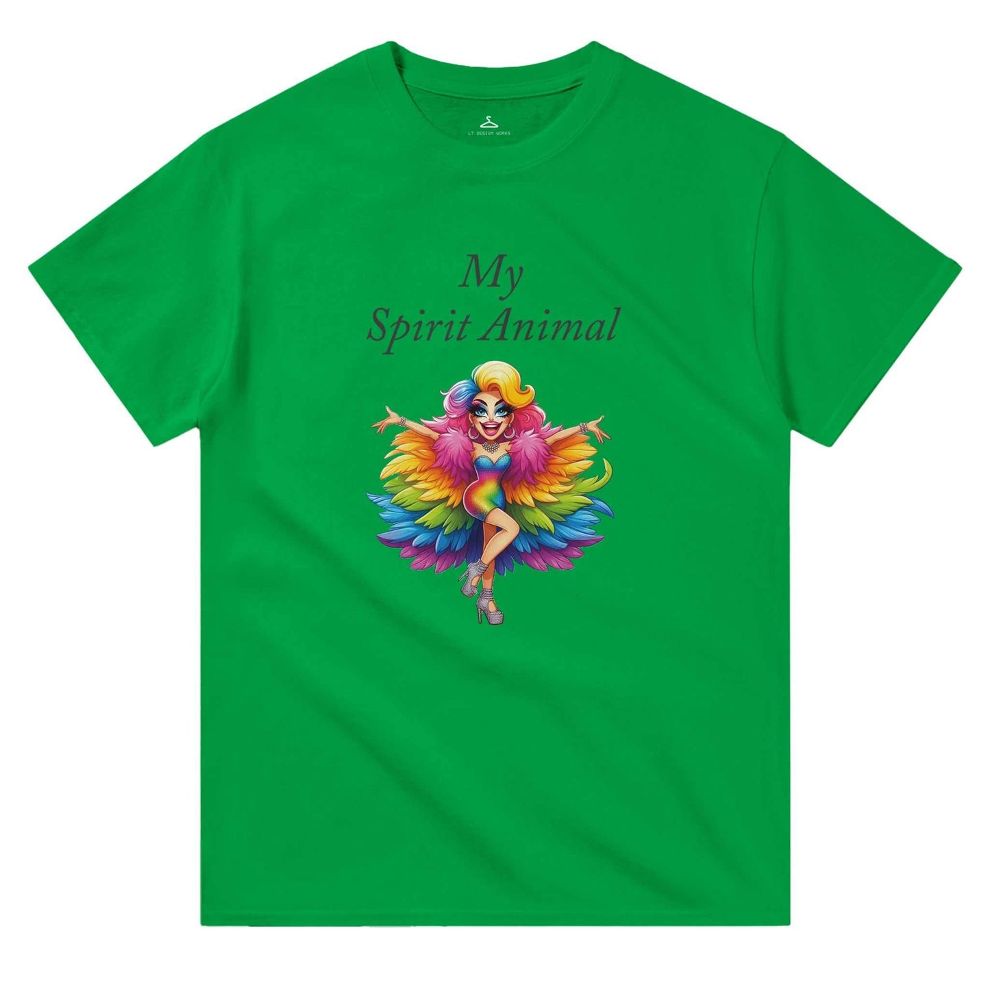 Women's crewneck t-shirt with "My Spirit Animal" design in vibrant colors on green background.