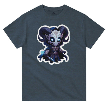 Voidwalker Men's Crewneck T-shirt featuring a detailed graphic of a character with horns and blue accents on heavyweight cotton fabric.