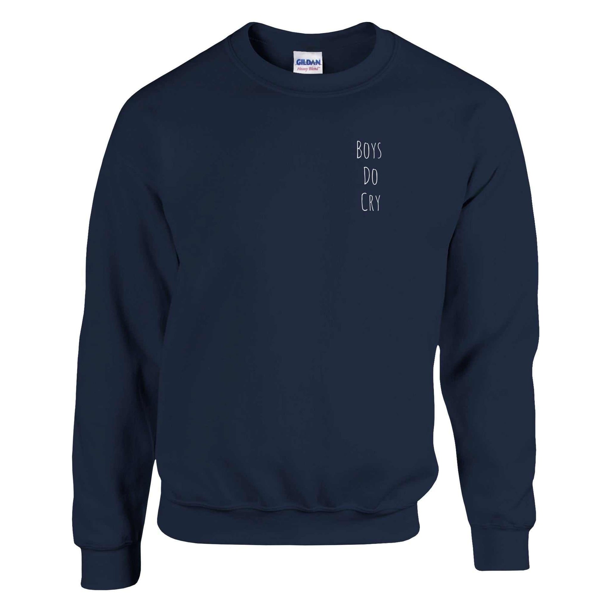 Boys Do Cry printed classic crewneck sweatshirt, soft cotton blend, navy blue.