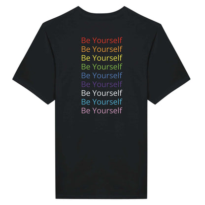 Be Yourself printed classic crewneck t-shirt in black with multicolored text.