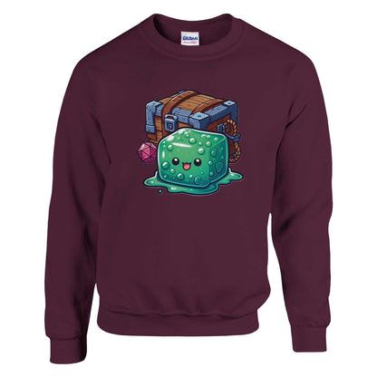 Gelatinous Cube and Mimic design on women's crewneck sweatshirt.