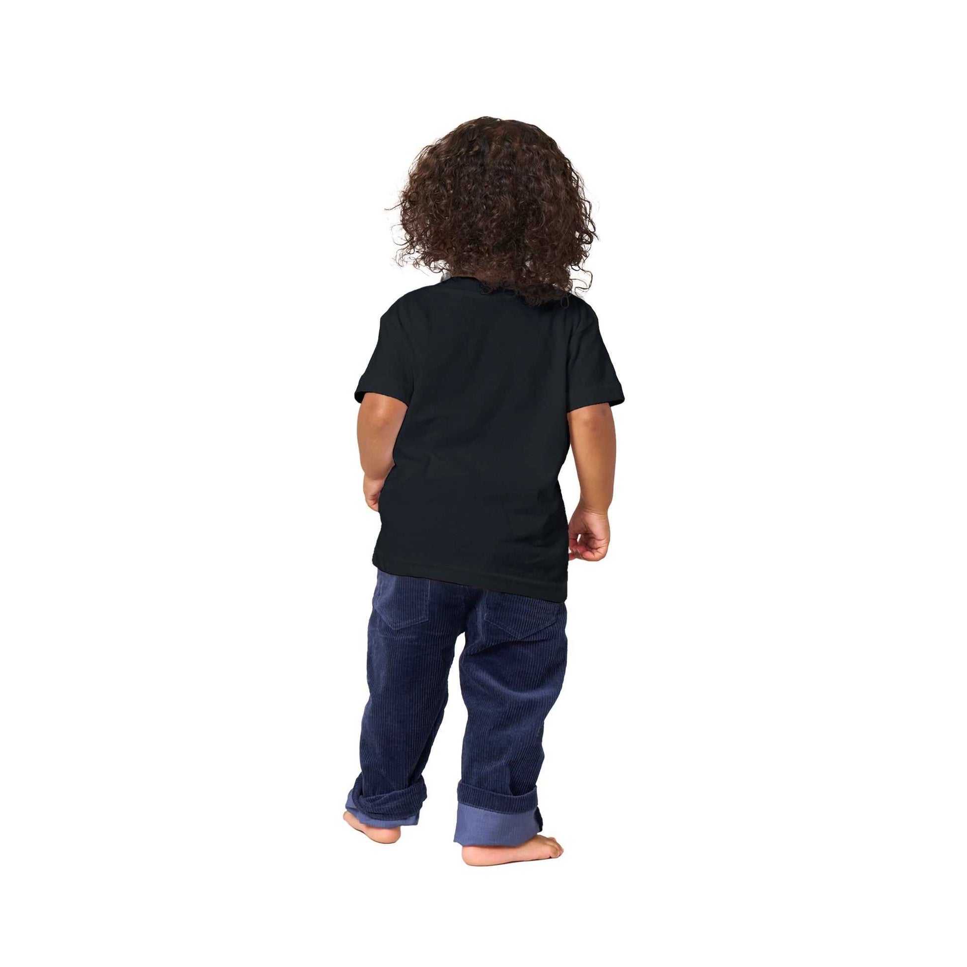 Toddler wearing "I'm Nan's Problem Today" black crewneck t-shirt, back view.