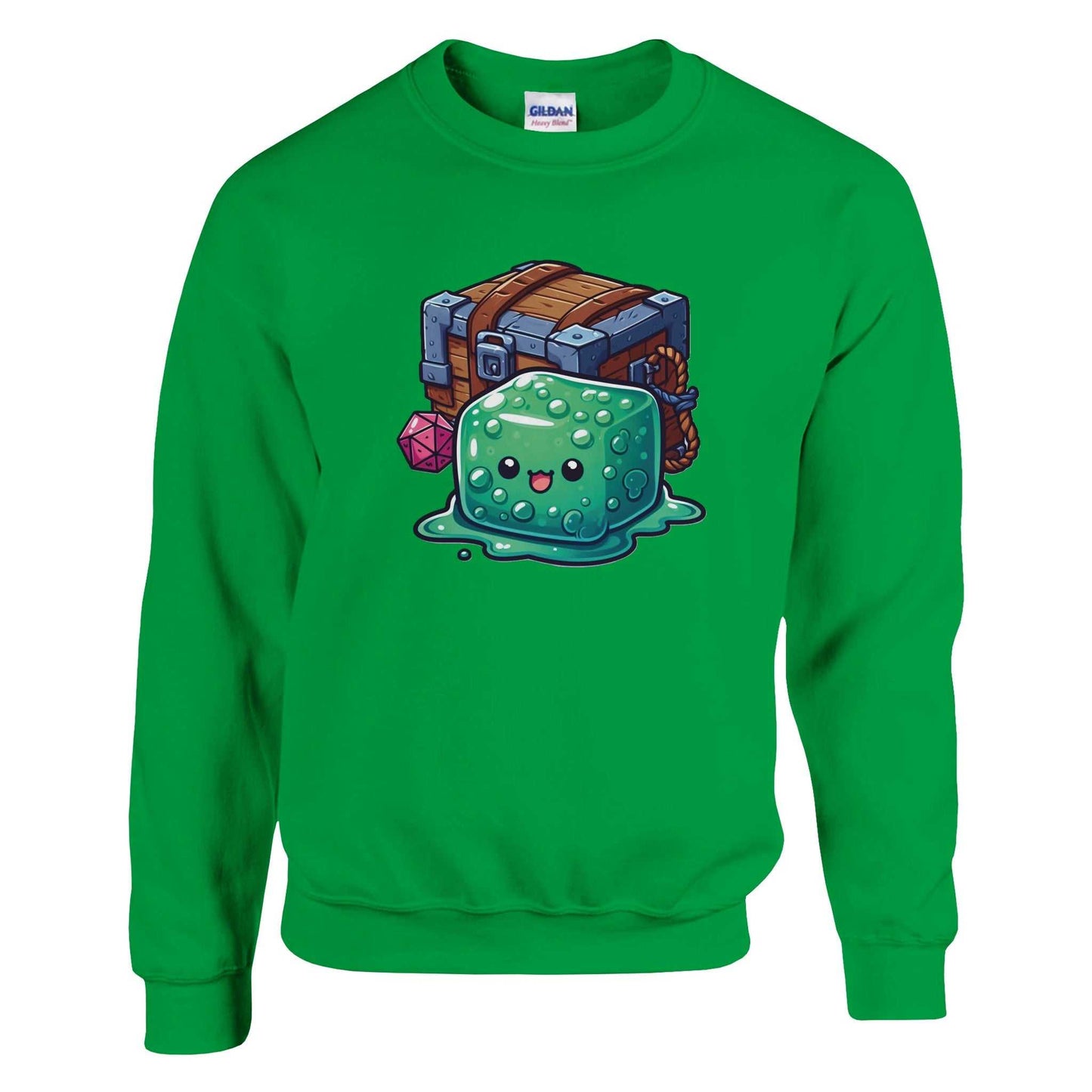 Gelatinous Cube and Mimic women's crewneck sweatshirt in green with fantasy graphic.