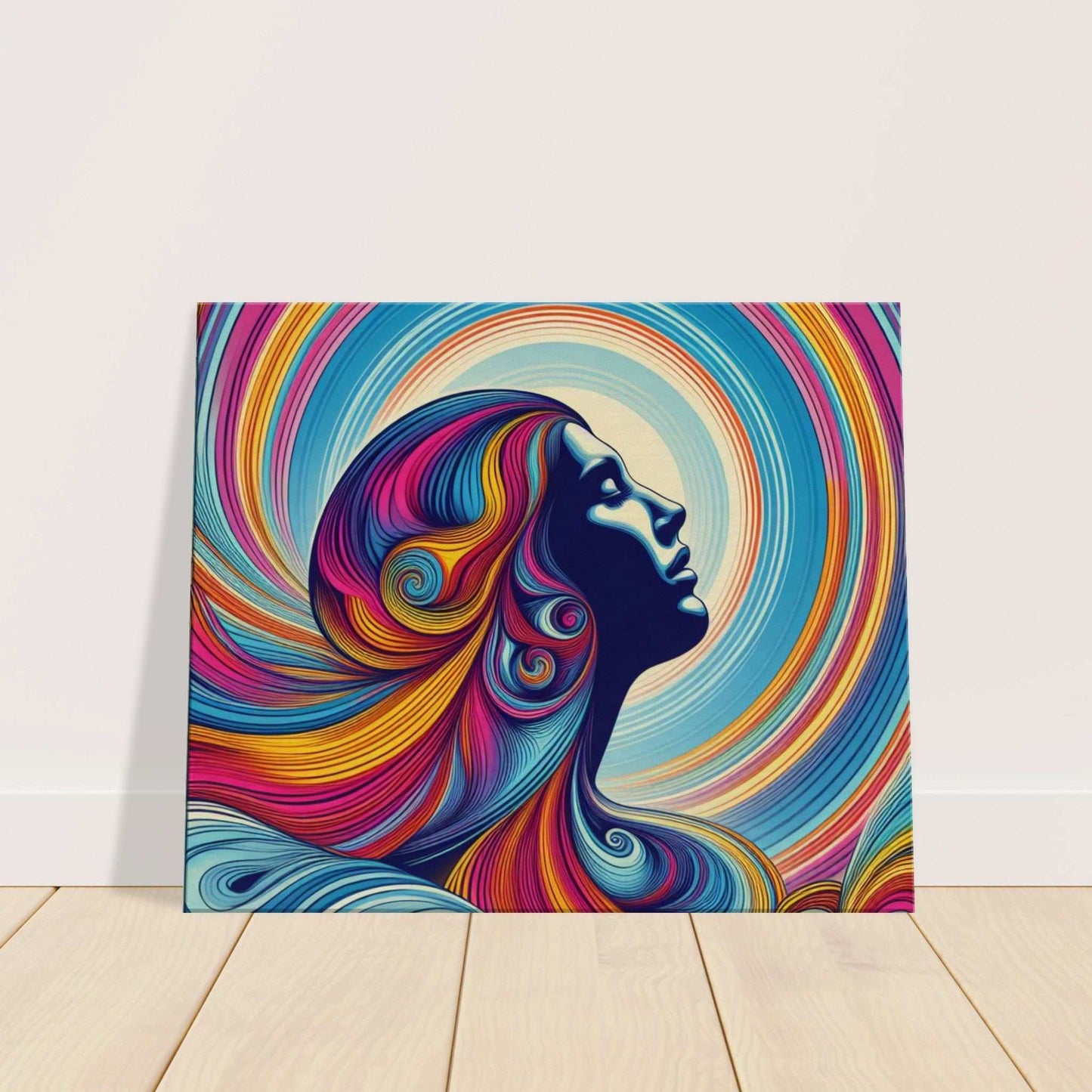 Canvas print titled "Lady feeling the Sun" with vibrant colors and textured surface, showcasing a profile of a woman immersed in sunlight.