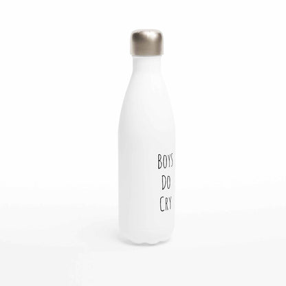 Boys Do Cry White 17oz stainless steel water bottle with leak-proof cap and double-wall insulation.