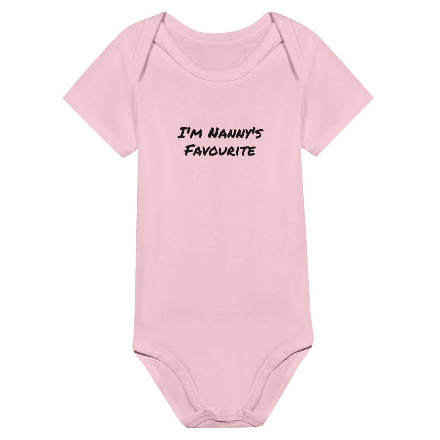 Pink short sleeve baby bodysuit with "I'm Nanny's Favourite" text, 100% cotton, relaxed fit.