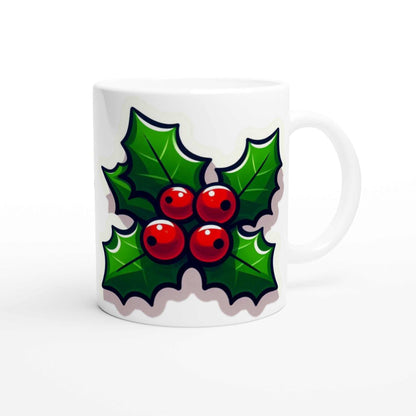 Holly 11oz ceramic mug with glossy white finish and holly design.