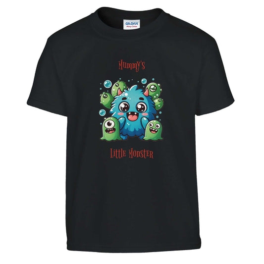 Monster Kids Crewneck T-shirt featuring playful monster design, black color, 100% ring spun cotton for comfort.