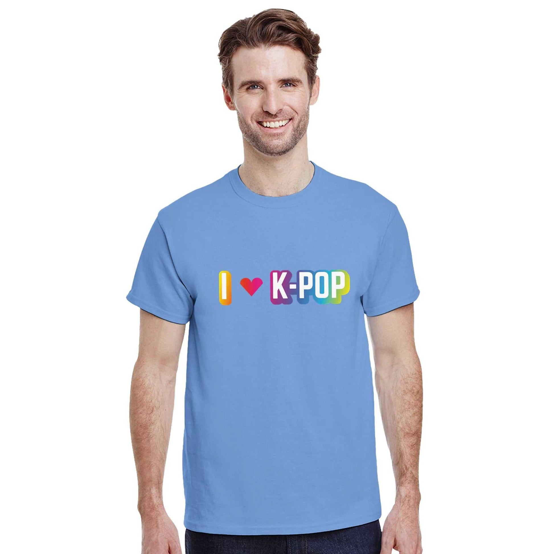 Blue crewneck T-shirt with "I Love K-pop" design, 100% cotton, classic fit.