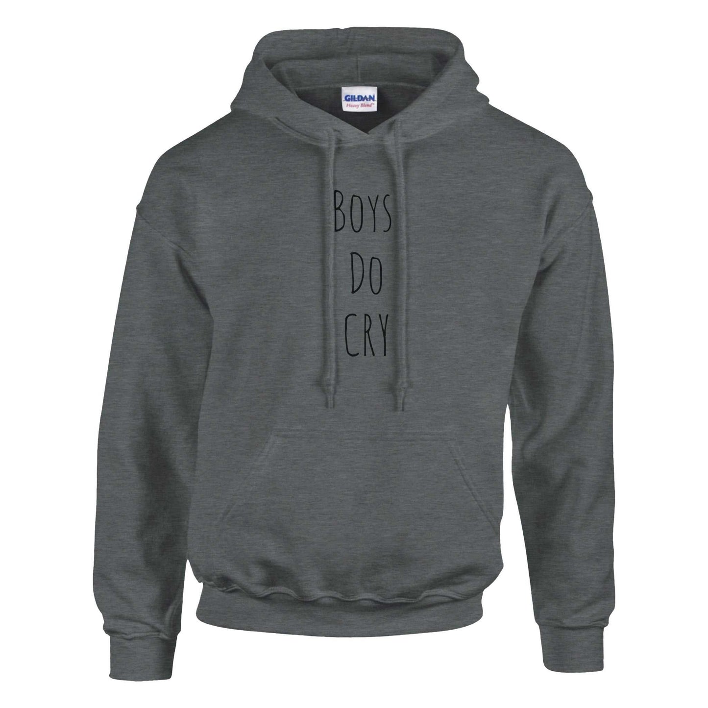 Boys Do Cry printed classic pullover hoodie in gray, featuring a double-lined hood with drawstring and front pouch pocket.