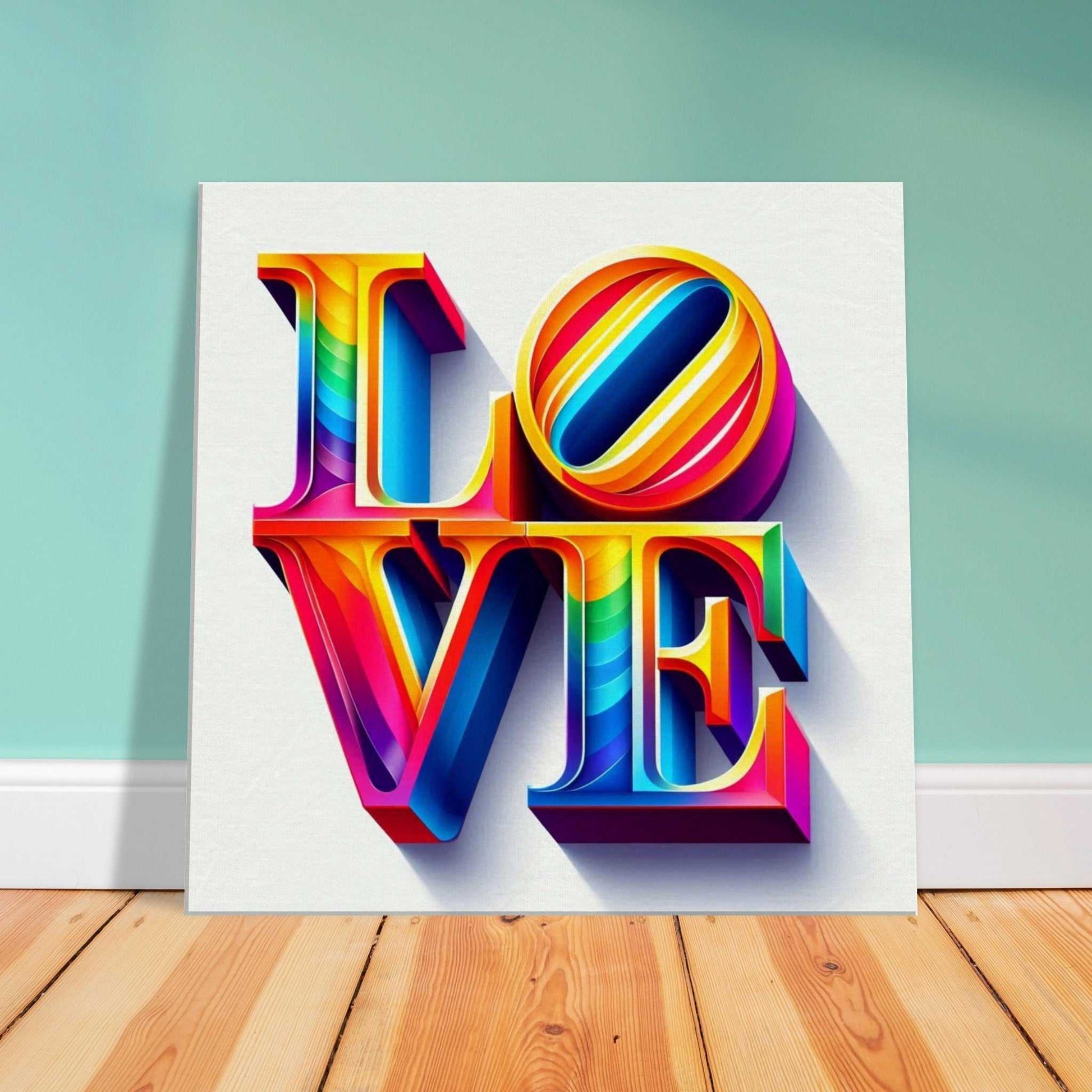 Colorful "Love" canvas print with 3D typography on a wooden floor, enhancing home decor.