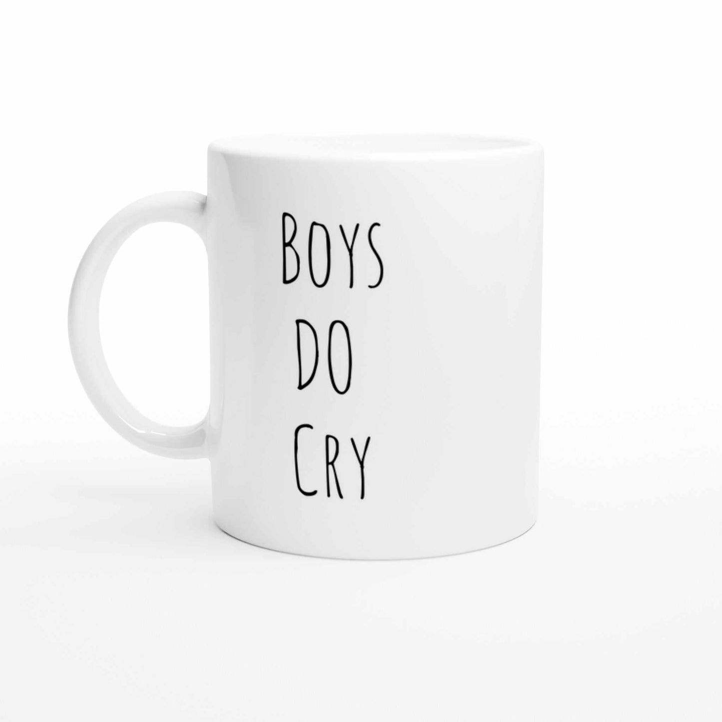 Boys Do Cry White 11oz Ceramic Mug, glossy, dishwasher and microwave safe.