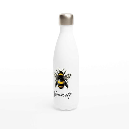 White 17oz stainless steel water bottle with bee design and "Yourself" text.