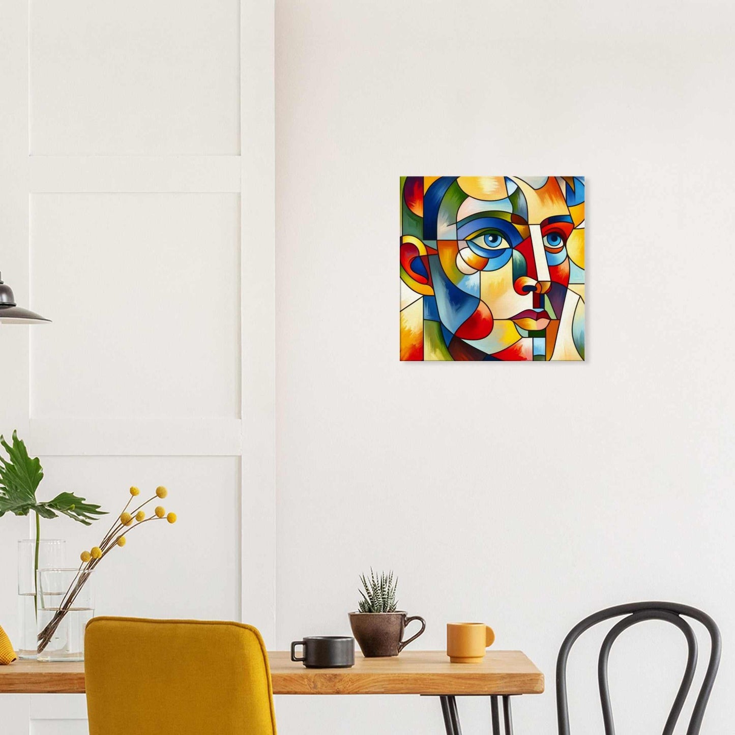 Canvas print featuring abstract face art hanging on a wall, enhancing room decor with vibrant colors and texture.