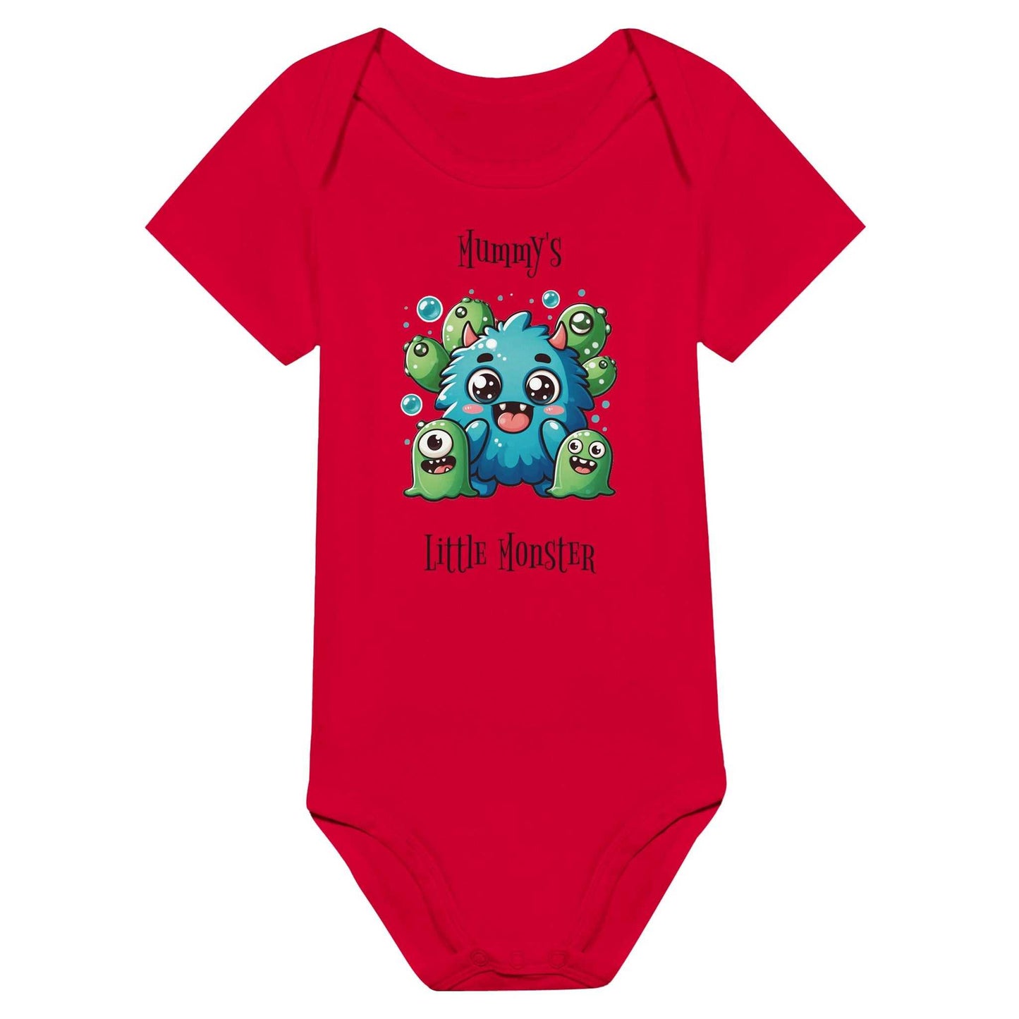 Red "Mummy's Little Monster" short sleeve baby bodysuit with playful monster design.