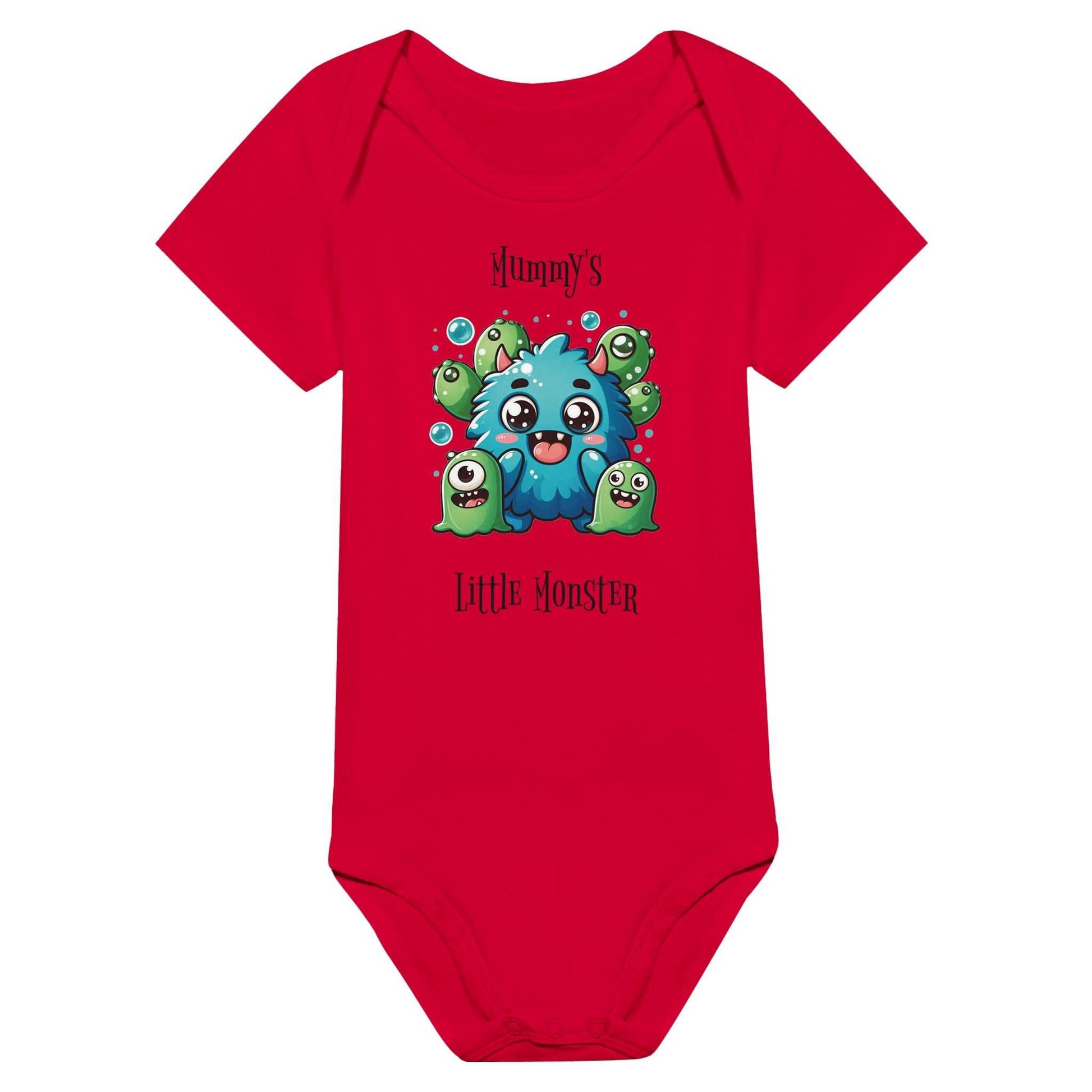 Red "Mummy's Little Monster" short sleeve baby bodysuit with playful monster design.