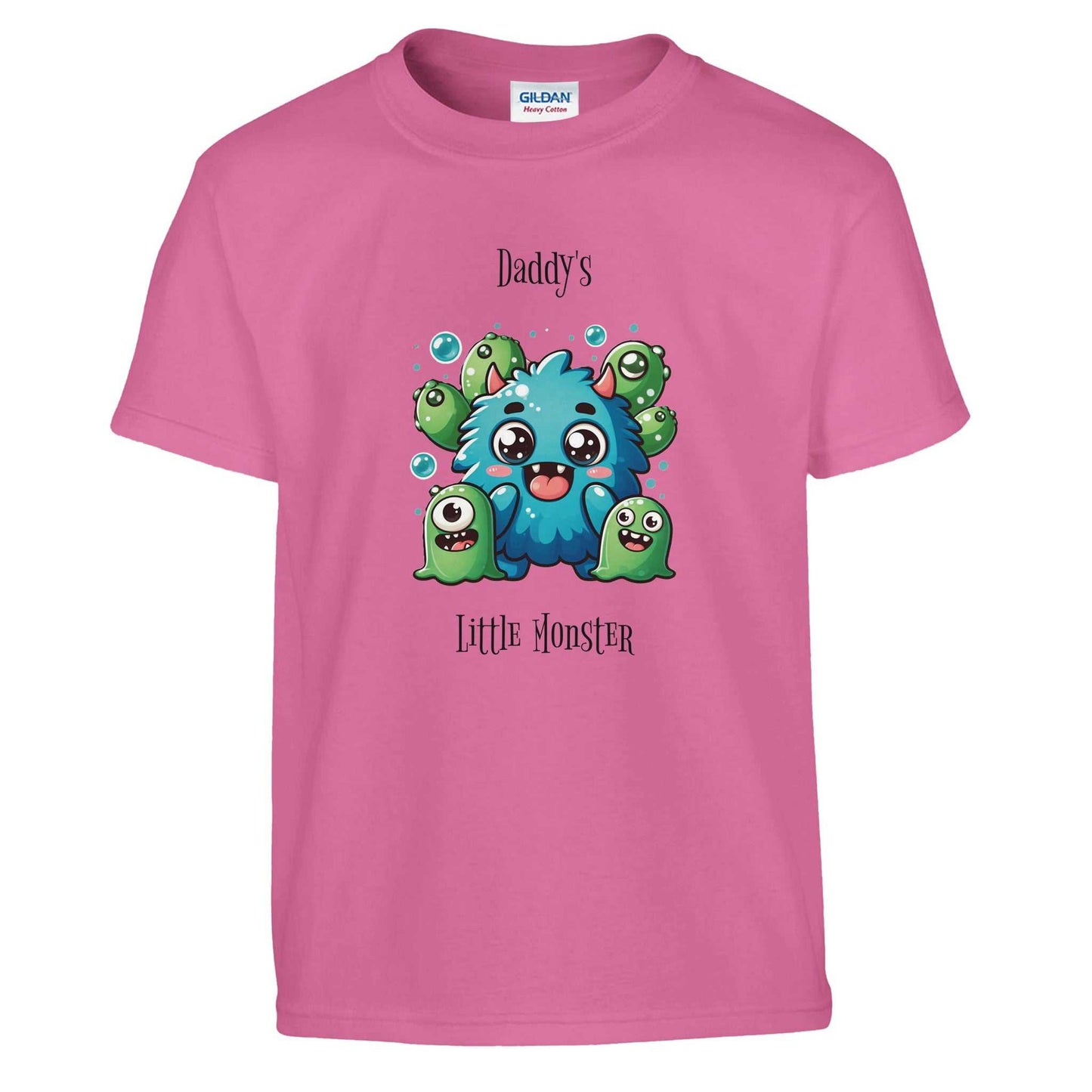 Monster Kids Crewneck T-shirt with cute cartoon design on a pink background.