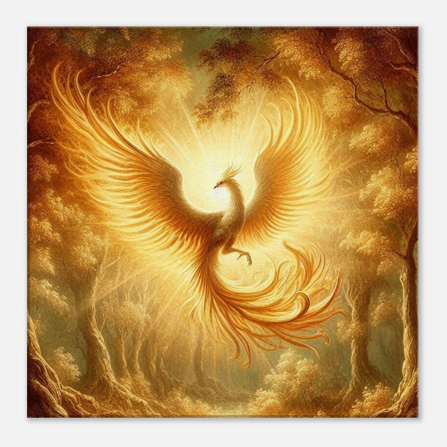 Phoenix Flight Canvas featuring a phoenix ascending amidst a vibrant, textured backdrop.