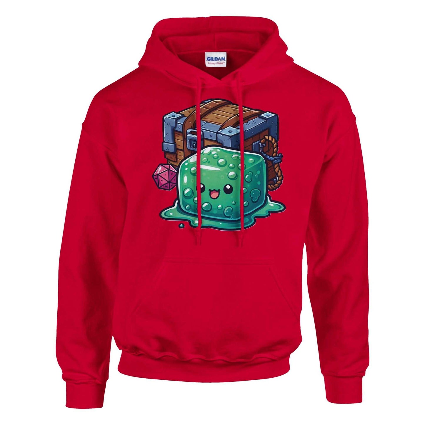 Red men's hoodie featuring a cute gelatinous cube and mimic design.