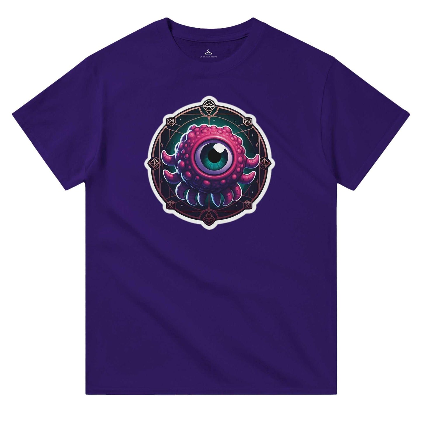 Beholder Women's Crewneck T-shirt, heavyweight cotton, durable classic fit, casual wear, purple with eye design.