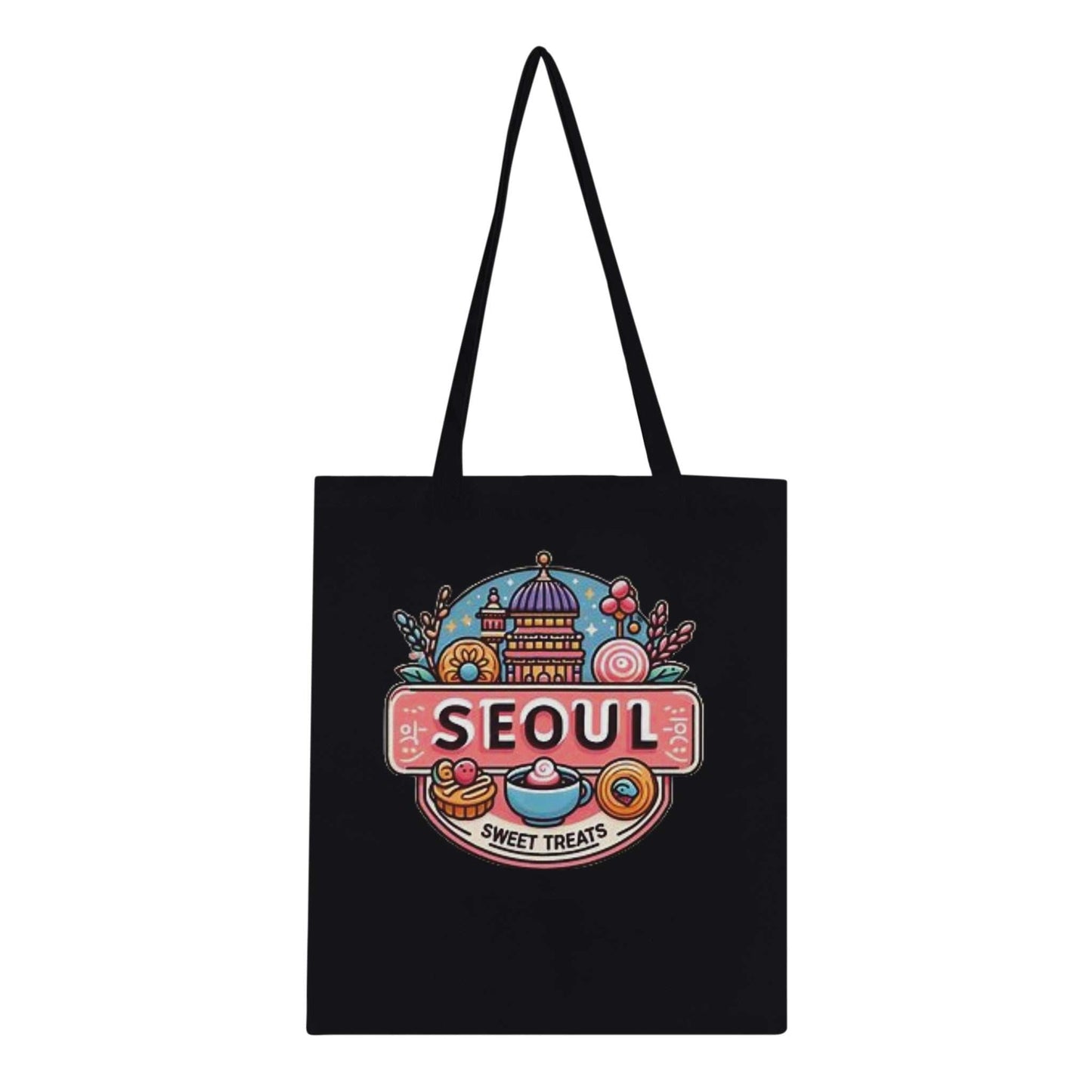 Seoul's Sweet Treats Bakery Classic Tote Bag with reinforced handles and colorful design, 100% cotton.