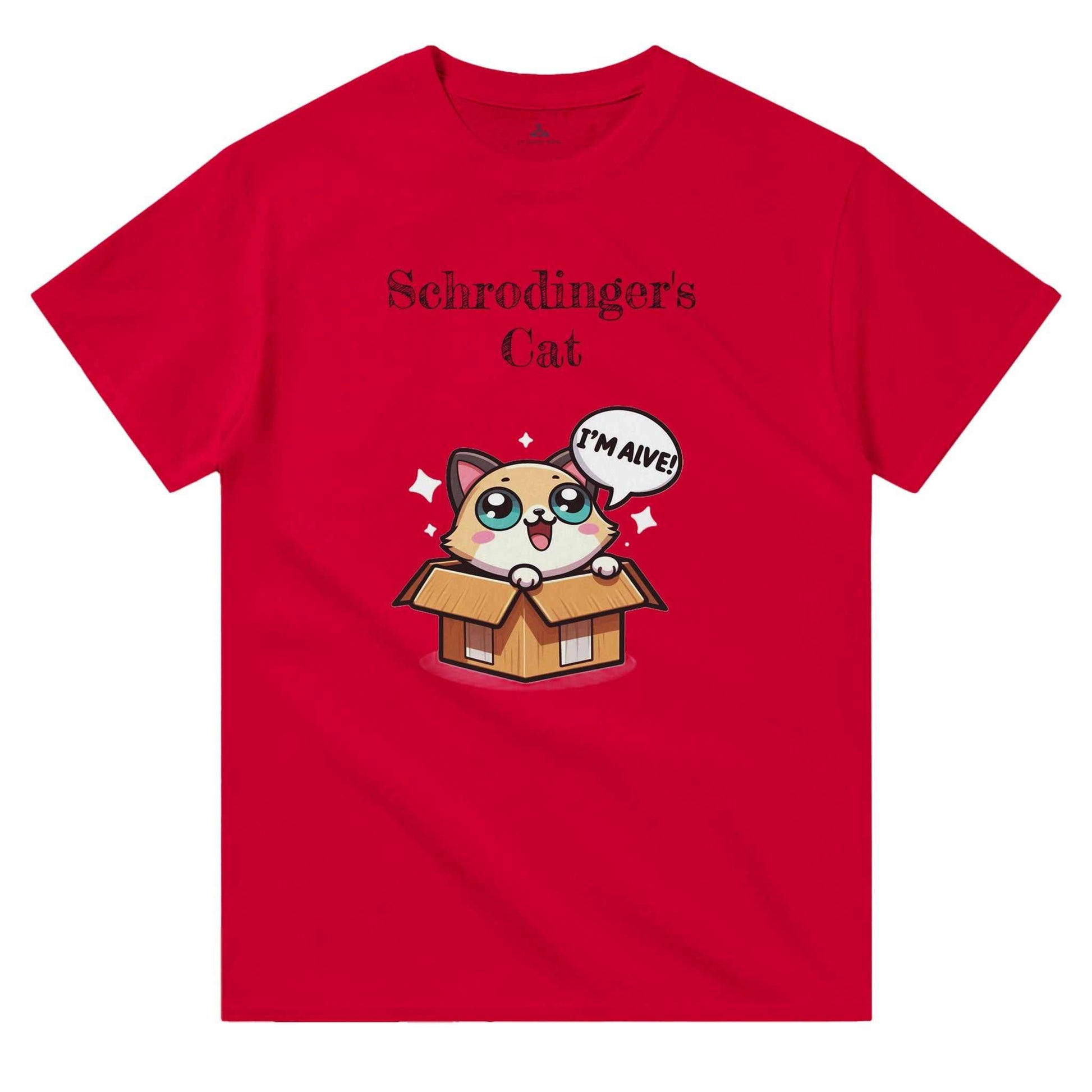 Red Schrödinger's Cat crewneck t-shirt featuring cartoon cat graphic and humorous text, 100% cotton, classic fit.