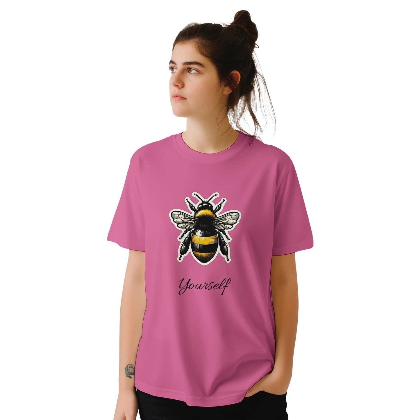 Bee Yourself Tote Bag Crewneck T-shirt with bee graphic and text.