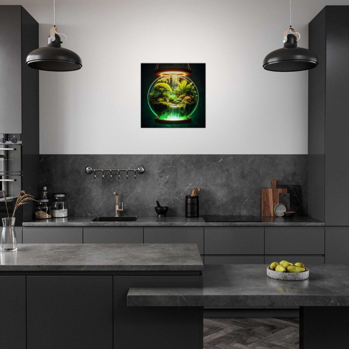 Save The Wild Canvas print displayed in a modern kitchen setting.