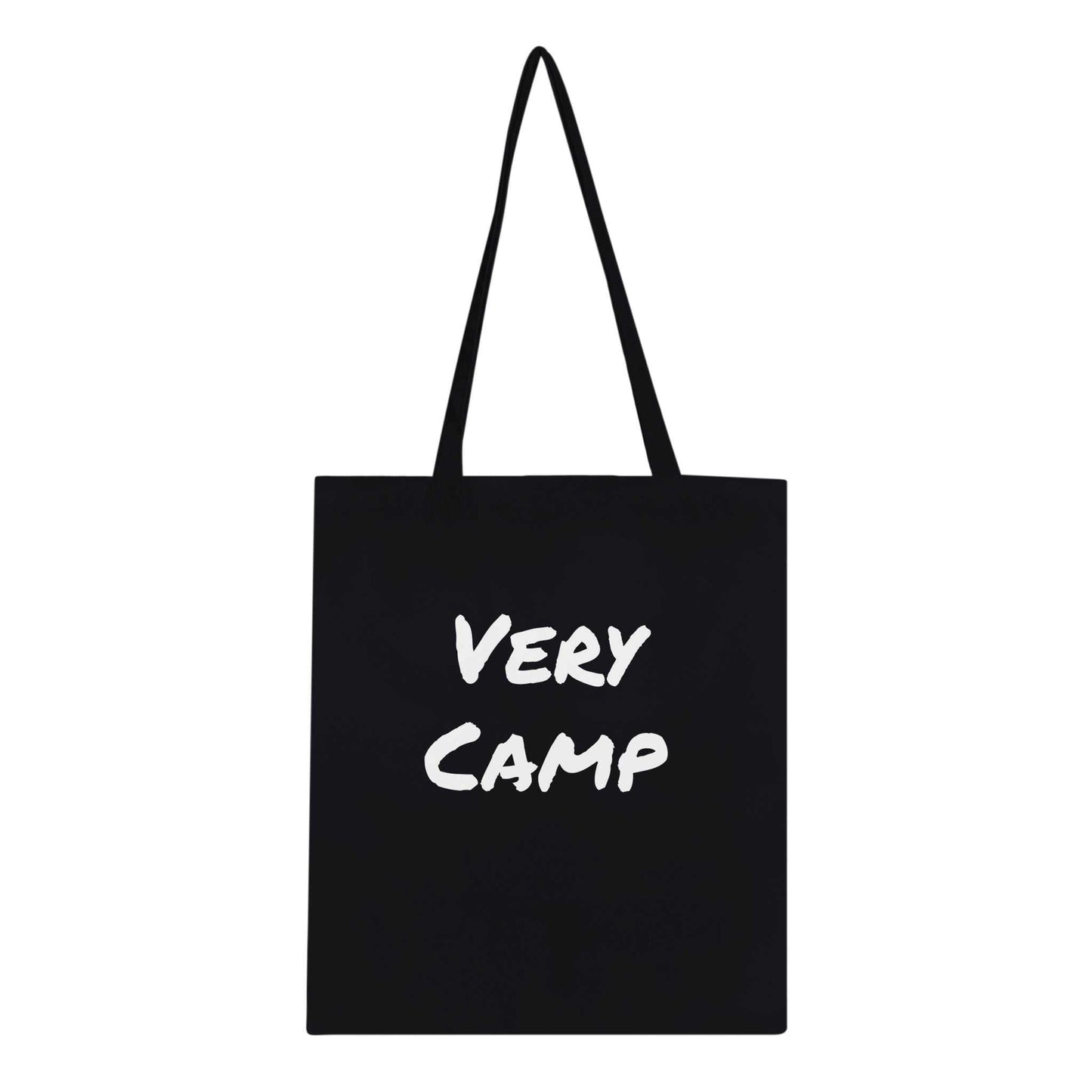 Black tote bag with "Very Camp" text, long handles, reinforced stitching, 100% cotton, 10-litre capacity.