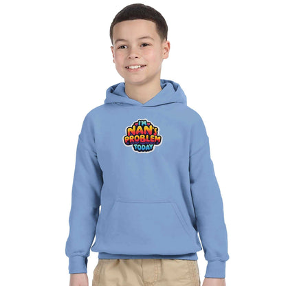 Kids wearing a blue "I'm Nan's Problem Today" pullover hoodie with pouch pocket.