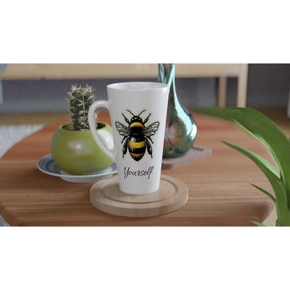 Bee Yourself White Latte 17oz Ceramic Mug with bee design, perfect for coffee and hot beverages, dishwasher and microwave safe.